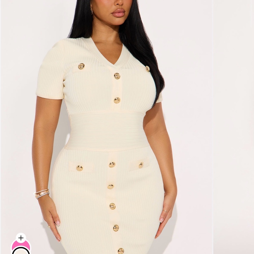 Fashion Nova Cream Gold-Button Midi Dress